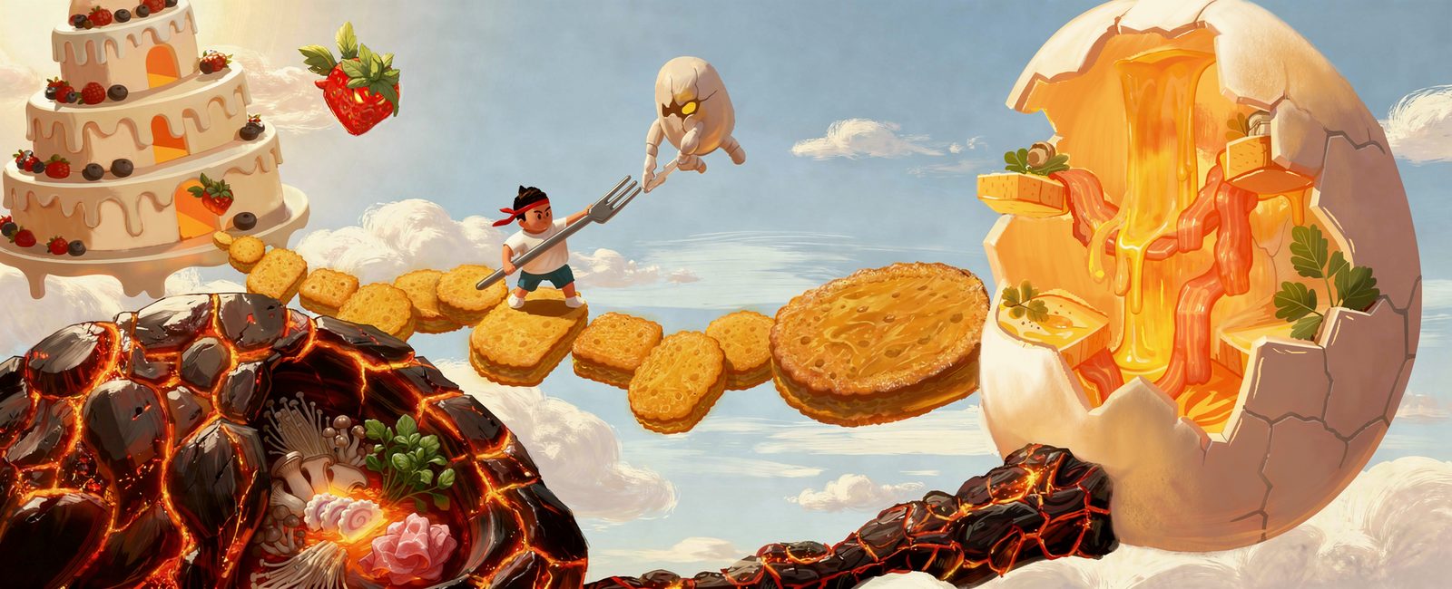 Fooderland key art — Belly crossing cracker platforms in open sky between a wedding cake, a hotpot and a cracked eggshell